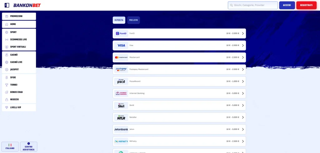 Bankonbet Metodi di Pagamento