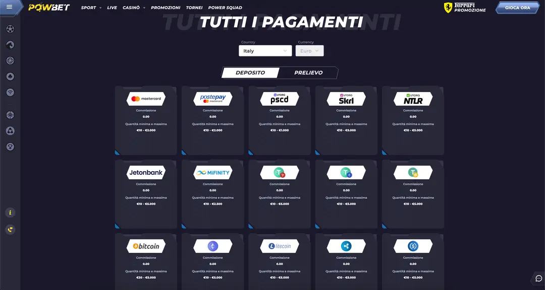 Metodi di Pagamento su Powbet