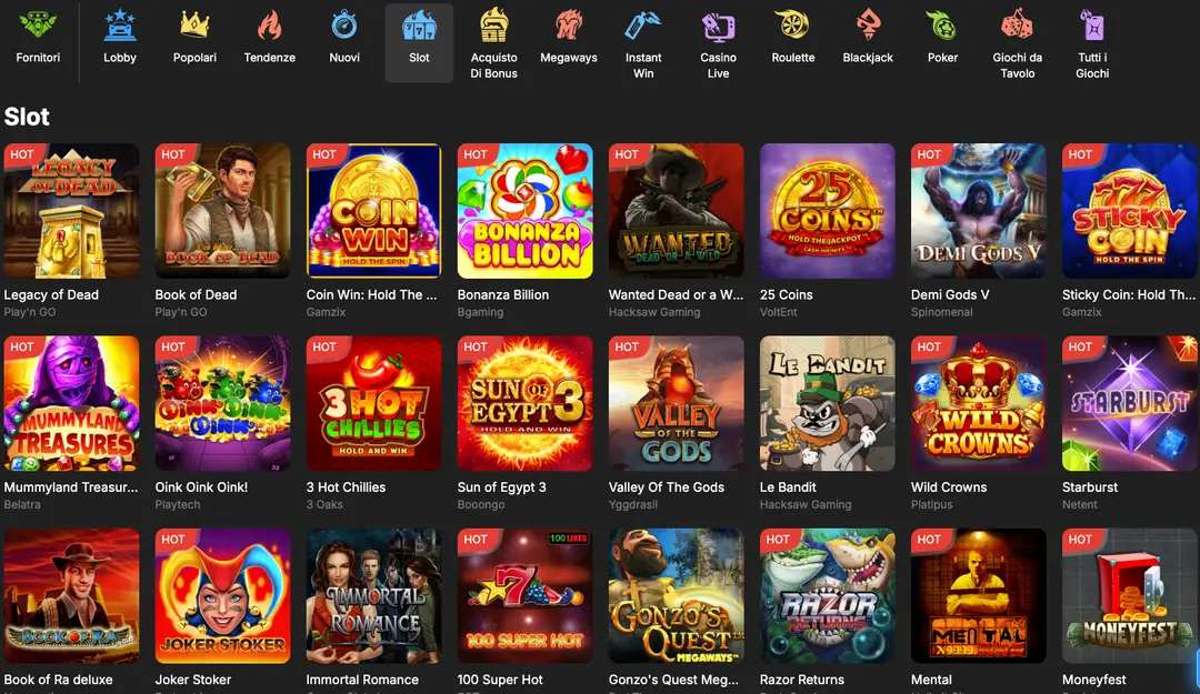 Offerta di Giochi nel Casinò Online