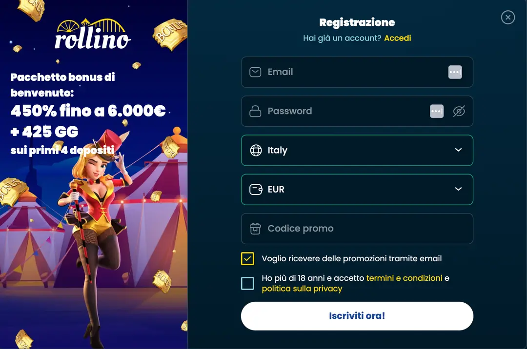 Registrazione e Login su Rollino Casino