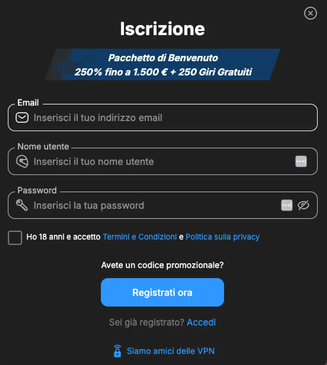 Registrazione su NeedforSpin