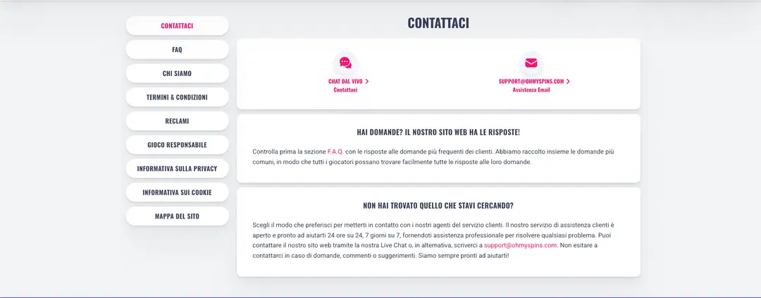 Servizio Clienti di Oh My Spins Casino