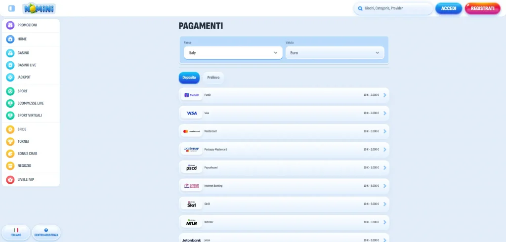 nomini casino metodi di pagamento