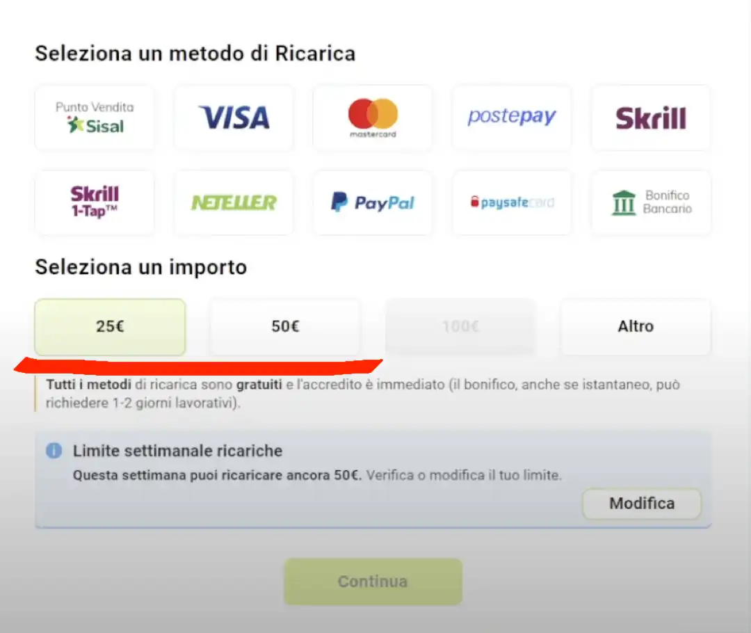 Inserisci l'importo minimo per un prelievo che desideri depositare