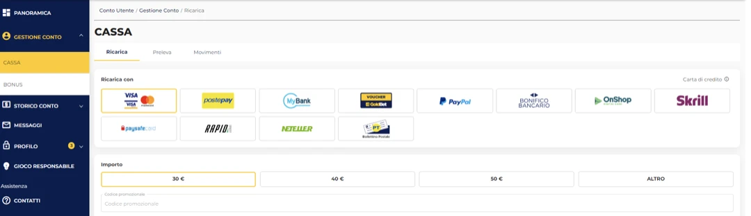 Metodi di Deposito e Ricarica su Goldbet