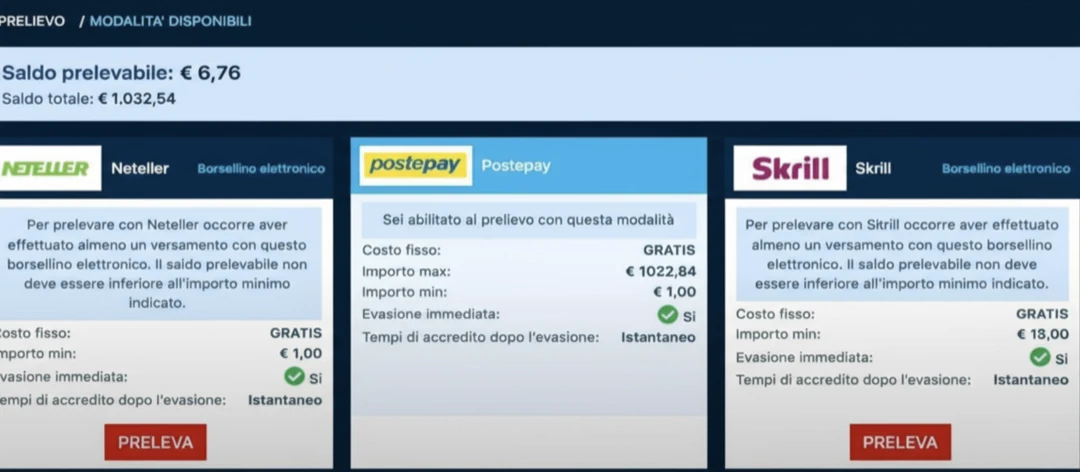 Selezionare il metodo di prelievo preferito e confermare con l'importo desiderato